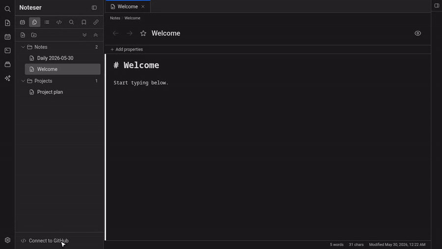 Typing a note in noteser: live-preview Markdown with wikilinks, tags, and tasks