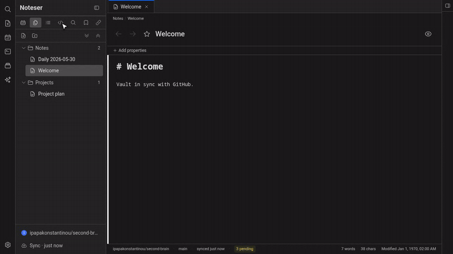 Source control panel: pending changes, Commit and Sync, recent commit history