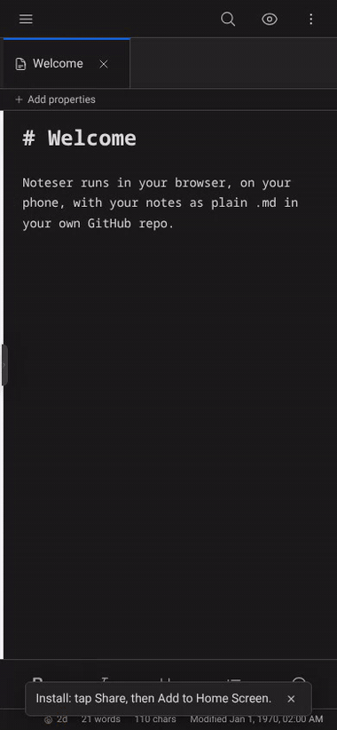 Noteser on iPhone: open the drawer, navigate the file tree, open a note