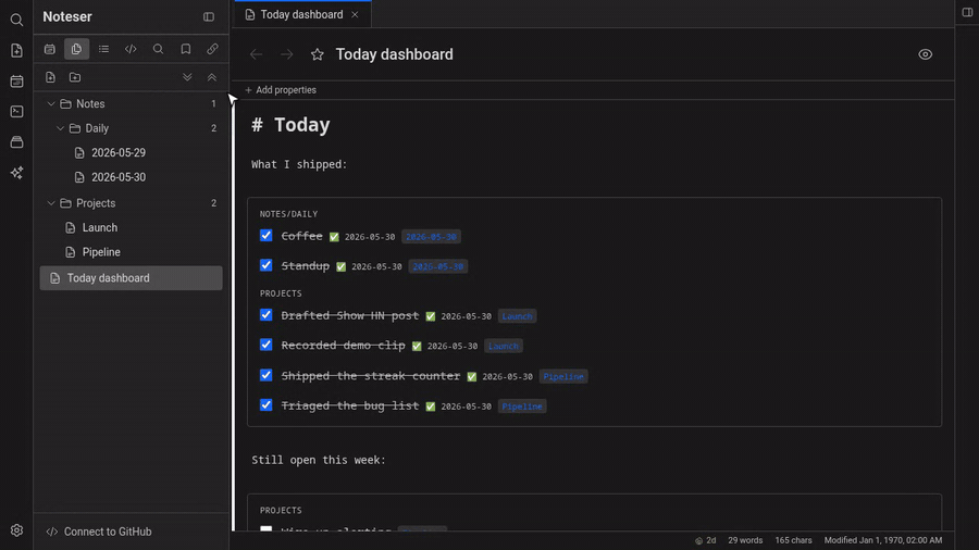 Live preview rendering as you type, with a tasks code block aggregating items across the vault