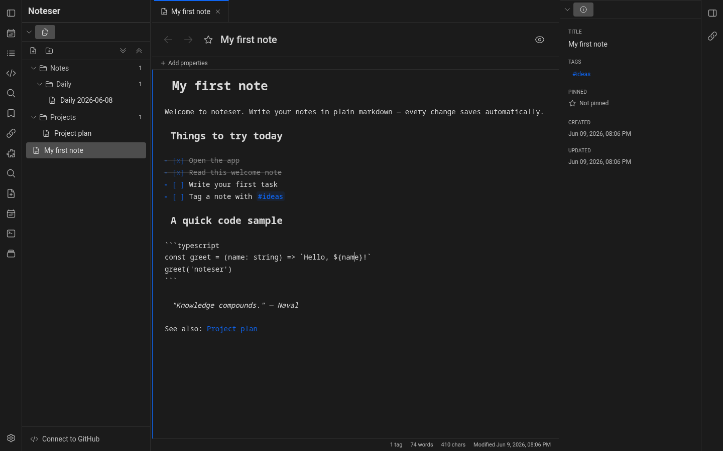 Editor showing the note body in live-preview mode with formatted headings, bullet points, and inline tags