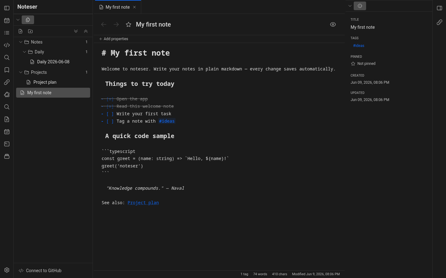 Editor with a sample note open, sidebar on the left listing folders and notes