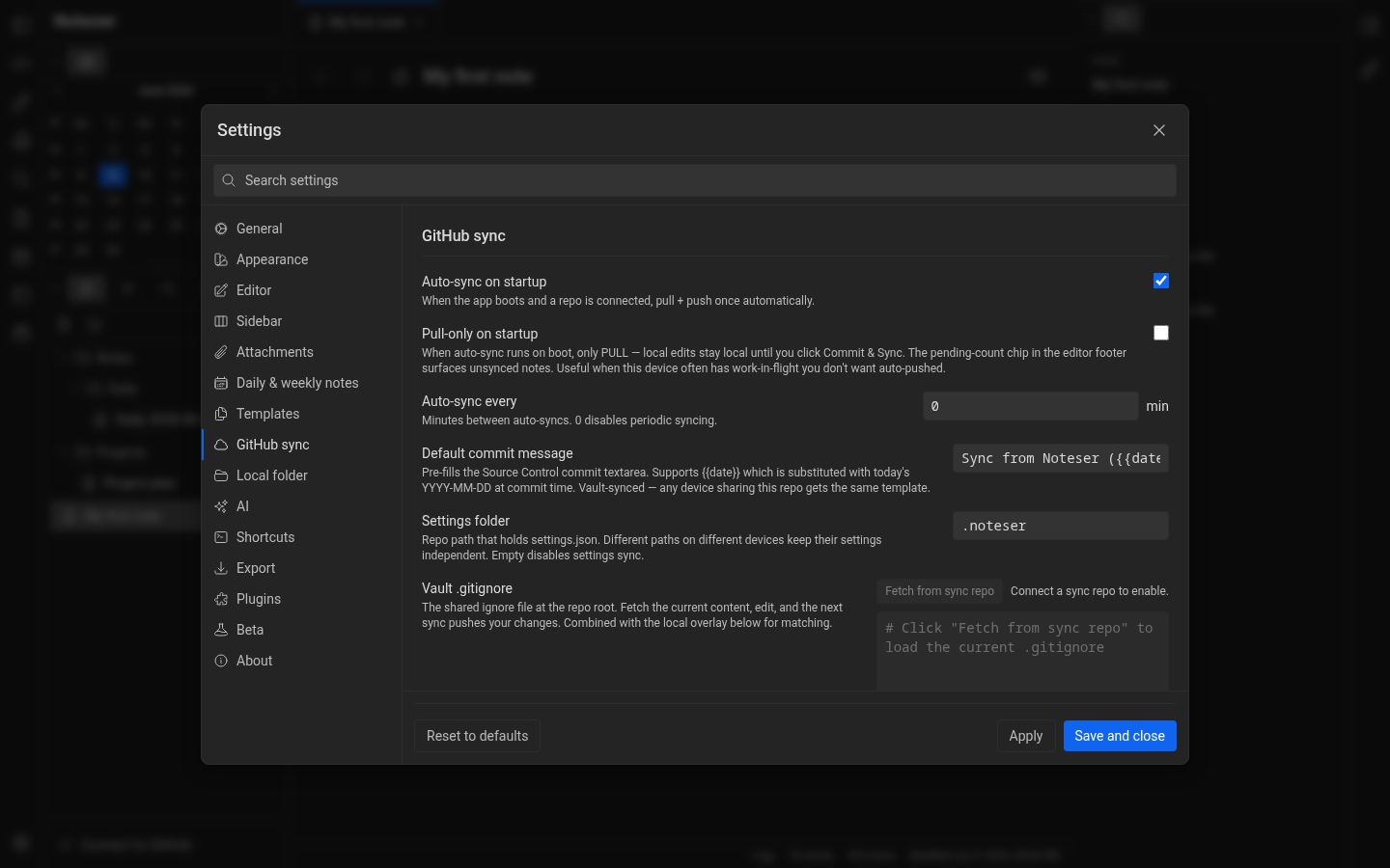 Settings panel open on the GitHub sync section, showing auto-sync, default commit message, and vault gitignore fields