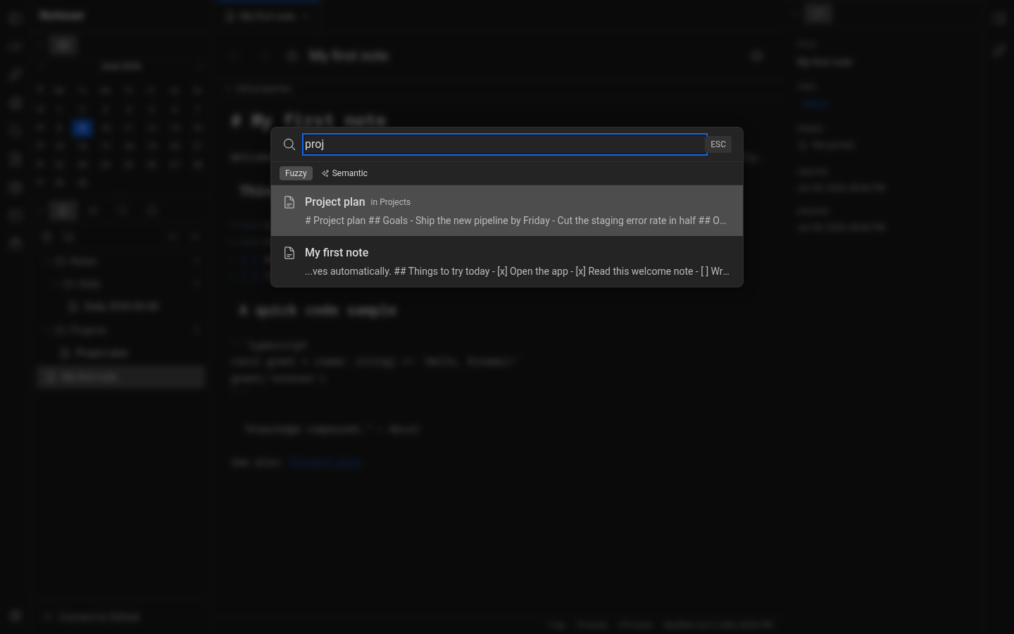 Quick search modal open with a query typed and three note results listed below it