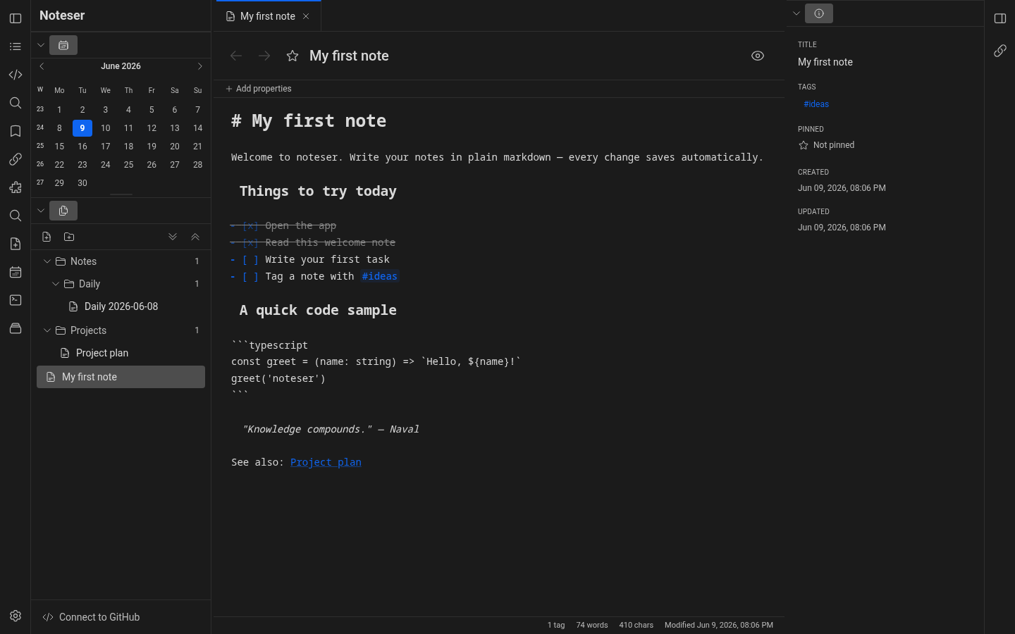 Sidebar showing a pinned Calendar panel at the top and the Files panel below it, with the mini tab strip in between
